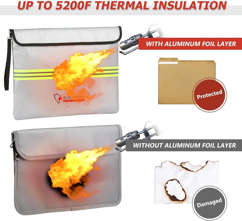 ROLOWAY Fireproof Document Bag (14 x 11 inch) with 5200℉ Upgraded Aluminum Foil Layer, Fireproof Bag for Documents with Reflective Strip and Zipper (Silver) - Image 3